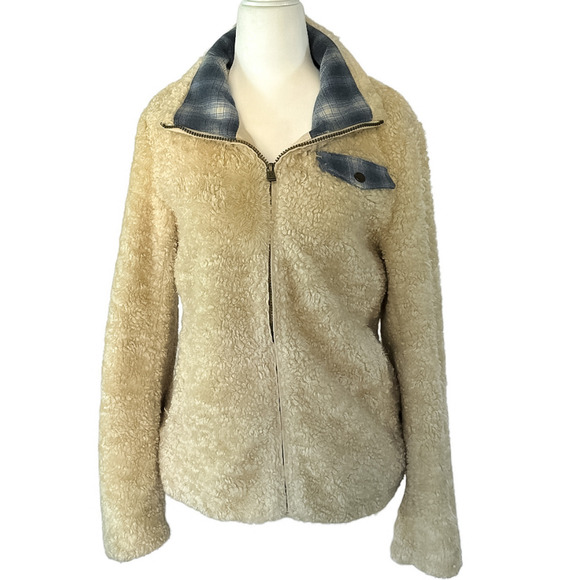 Pendleton Teddy Sherpa Fluffy Zip Up Ivory Blue Cream Flannel Womens Jacket Sz S - Picture 3 of 14